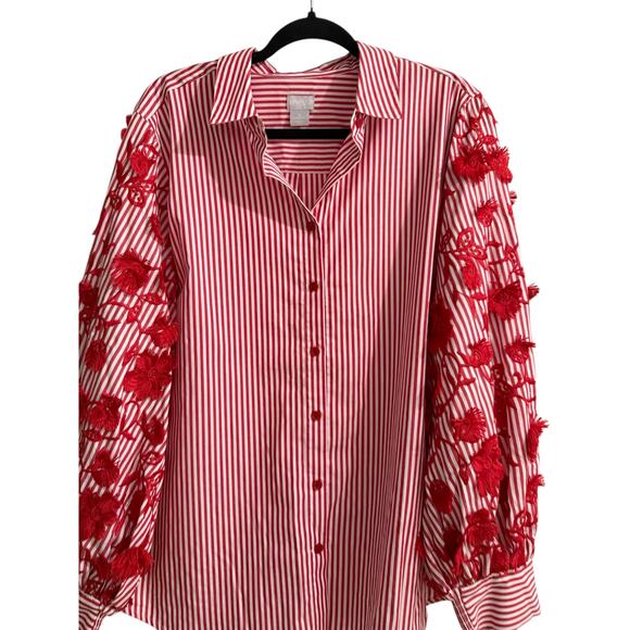 Chicos Embroidered Poplin Striped Red White Button Up Shirt Top Plus 3X - Picture 2 of 9